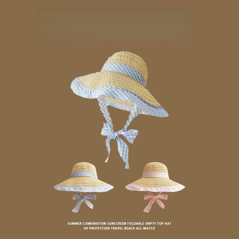 

Spring Summer Women's Sun Hat Breathable Woven Straw Hat with Stripe Brim and Decorative Ribbon Windproof String