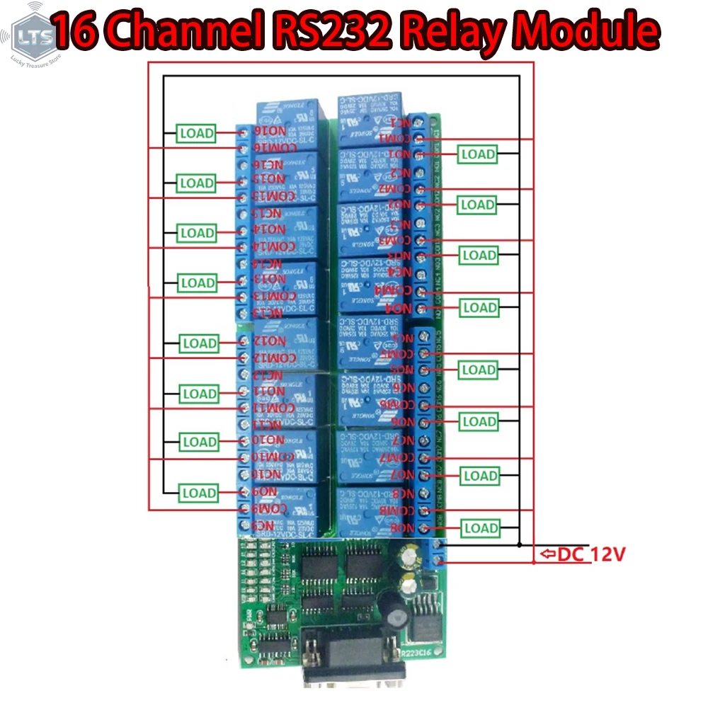 R223C16 DC 12V 16-Channel Relay Board RS232 DB9 Delay Relay Switch Module Female Interface Serial Port