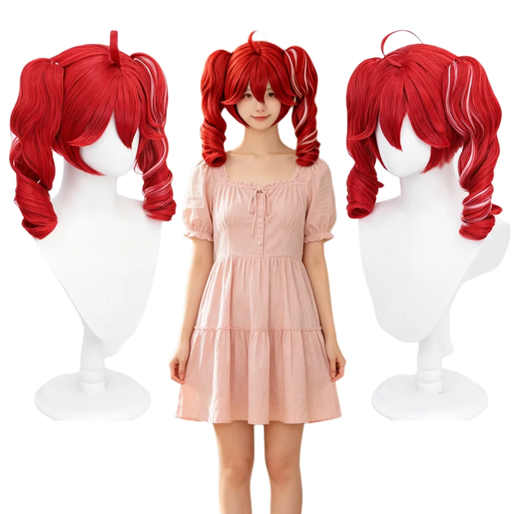 

Vibrant Red Long Curly Pigtail Wig with White Streaks 15 Inches Heat Resistant Hair Adjustable Cap Korean Style and Dating Wear