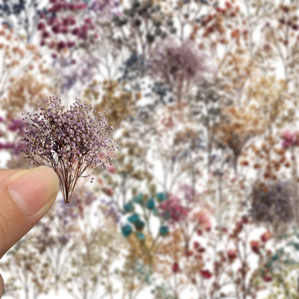50PCS Retro Dried Flower Gypsophila Stickers, suitable for DIY decorating diaries, helmets, folders, waterproof PET stickers