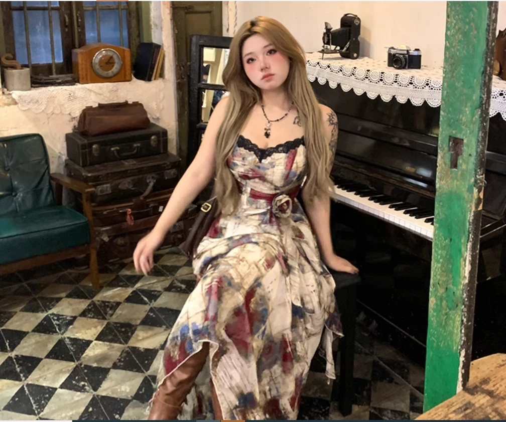 Girl Annie's Unpopular Lace Splicing Irregular Strap Skirt for Women 2025 Summer New Collection, Small and Medium Sized Dress