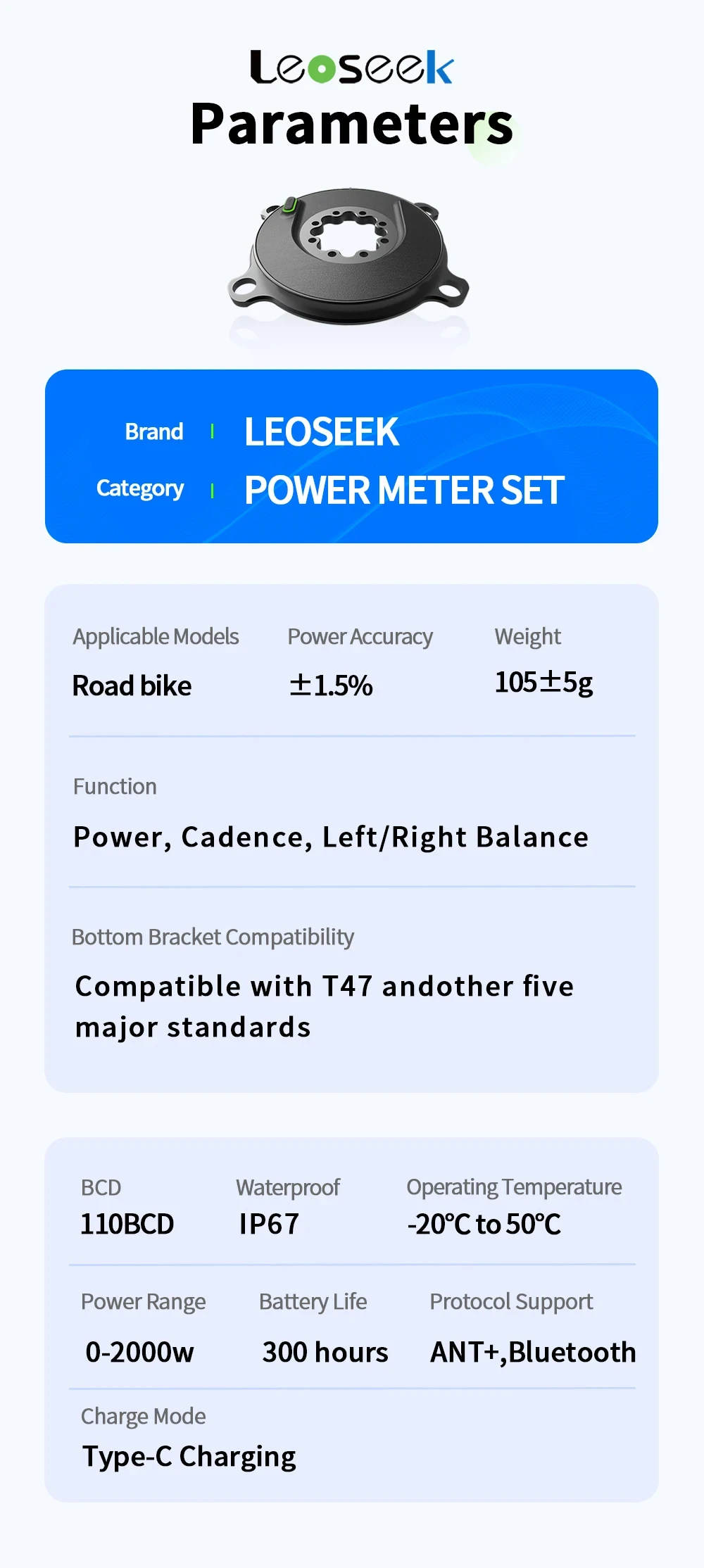 Leoseek Ultraleicht Power Meter Spinne Fahrrad Kurbel Trittfrequenz Powermeter 110BCD P67 Für Shimano SRAM Kurbelgarnituren Für Rennrad MTB Fahrräder – Detail 7