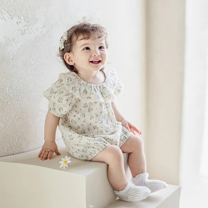2026 Summer New Baby Girl Short Sleeve Floral Bodysuit Cute Infant Girl Sweet Ruffle Collar Jumpsuit Newborn Clothes 0-24M