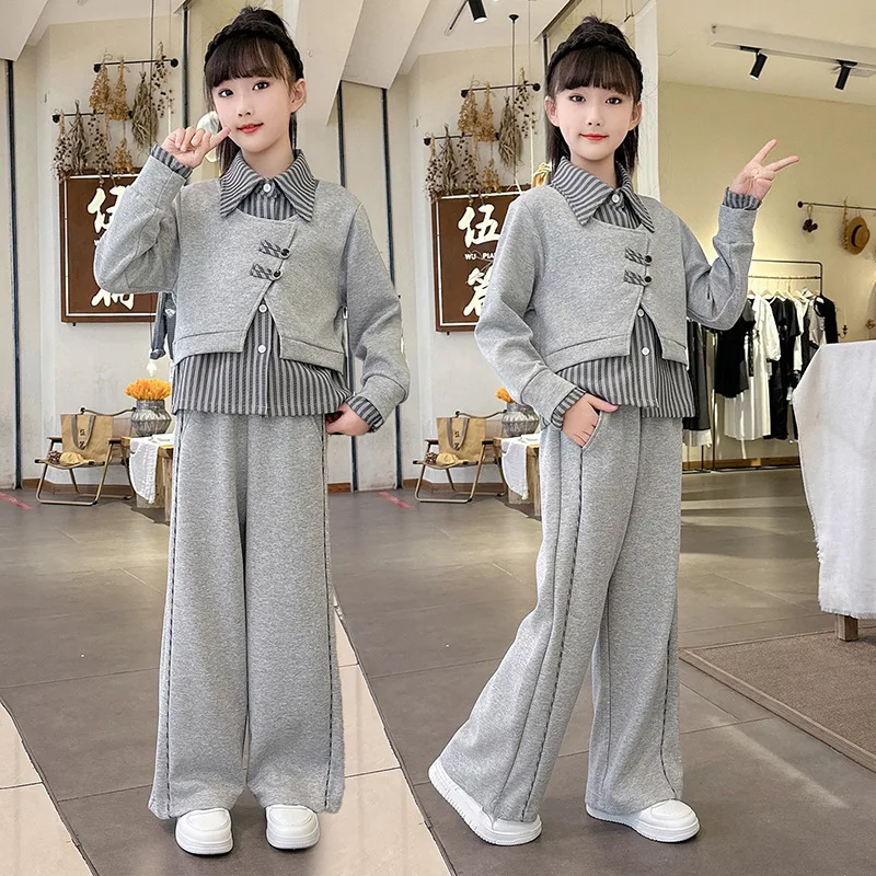 

Girls Casual Sportswear Set Spring/Autumn Stripe Patchwork Sweatshirt + Pants 2pcs Kids Tracksuit Stylish Children Clothes Suits