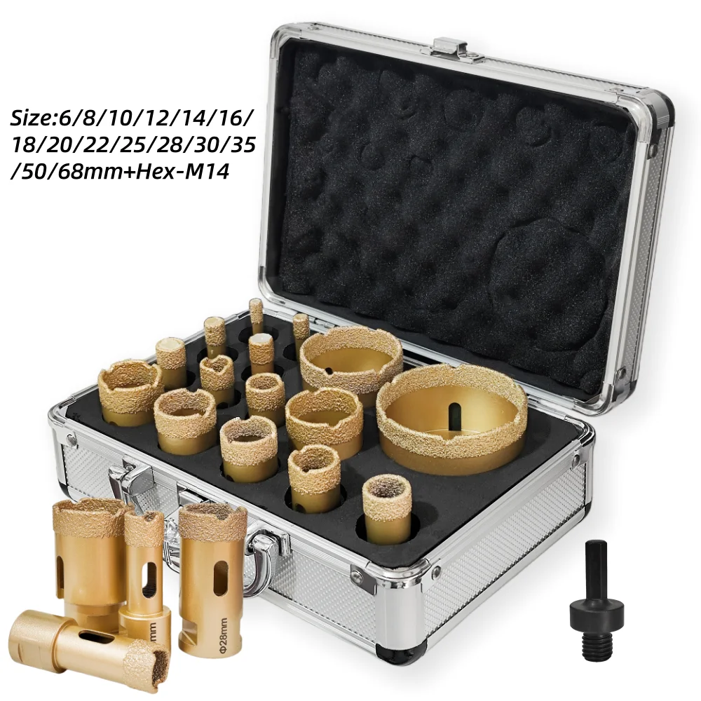 

Diamond Drill Bit Kit 15/16Pcs Dia 6-68mm for Ceramic Marble Granite Tile Cutter Tool Set Hole Saw Drill Core Bit M14 Thread