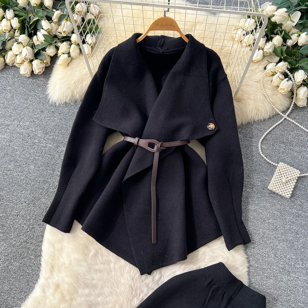 

Женский комплект из двух предметов, зимнее новое пальто во французском стиле с завязкой на талии и длинными рукавами с лацканами и поясом, широкие брюки с высокой талией