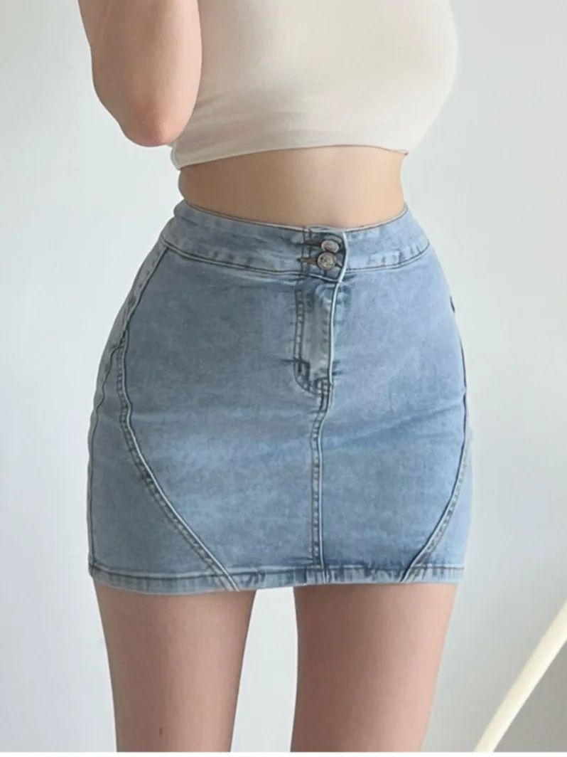 Spring/summer Two Button Wrap Hip Denim Skirt Women Slim High Waist Lifted Buttocks Design Sense Spicy Girl Solid Skirt D540