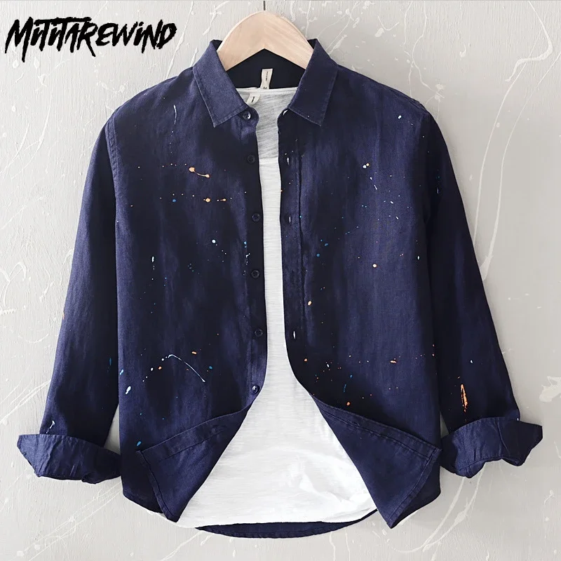 

Рубашка из чистого льна, мужская весенне-летняя уличная повседневная рубашка с длинным рукавом, рубашка ручной работы с индивидуальным рисунком, молодежный модный топ