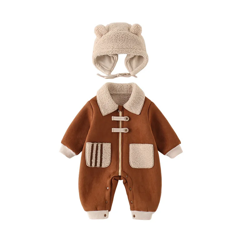

2025 утепленный пушистый комбинезон для новорожденных для мальчиков и девочек, осенне-зимняя милая прогулочная одежда с капюшоном