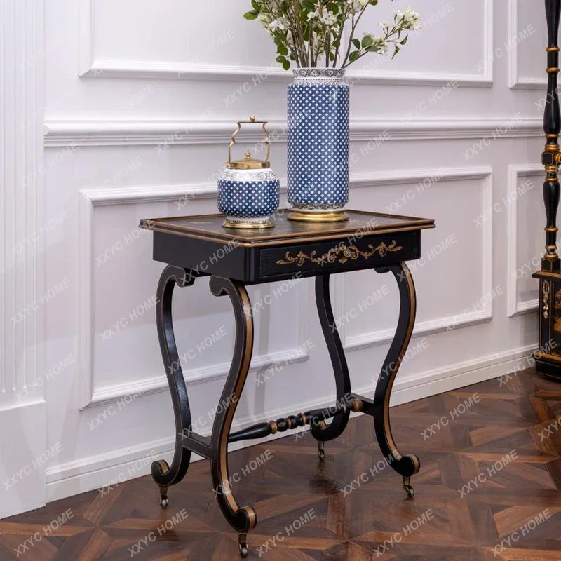 Mini Corner Table Brown Crack Paint Painted Character Flowers and Birds Curved Angle Tea Table with Copper Casters