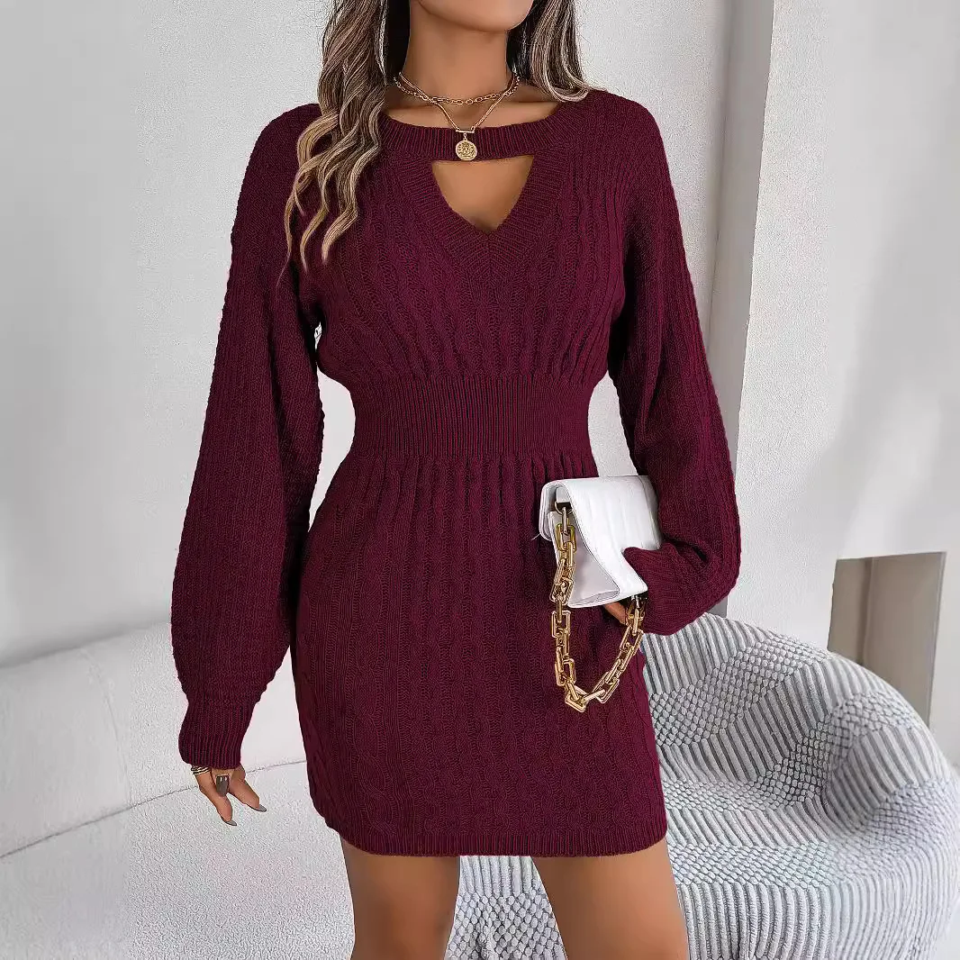 Casual Loose Twists Knit Sweater Dresses Autumn Winter Women Dresses 2024 Hollow Out V-neck Full Lantern Sleeve Hip Mini Dress