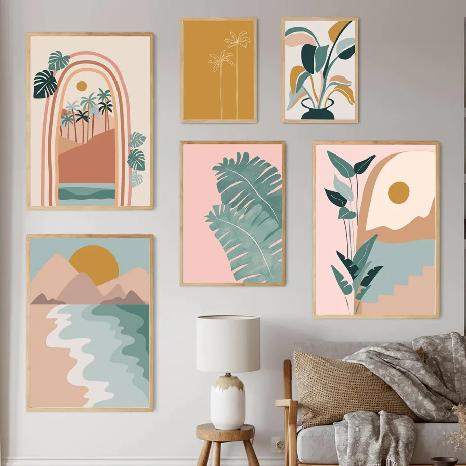 Mountain River Sun Green Plant Flower Leaf Abstract Posters Prints Canvas Painting Boho Wall Art Pictures for Living Room Dec