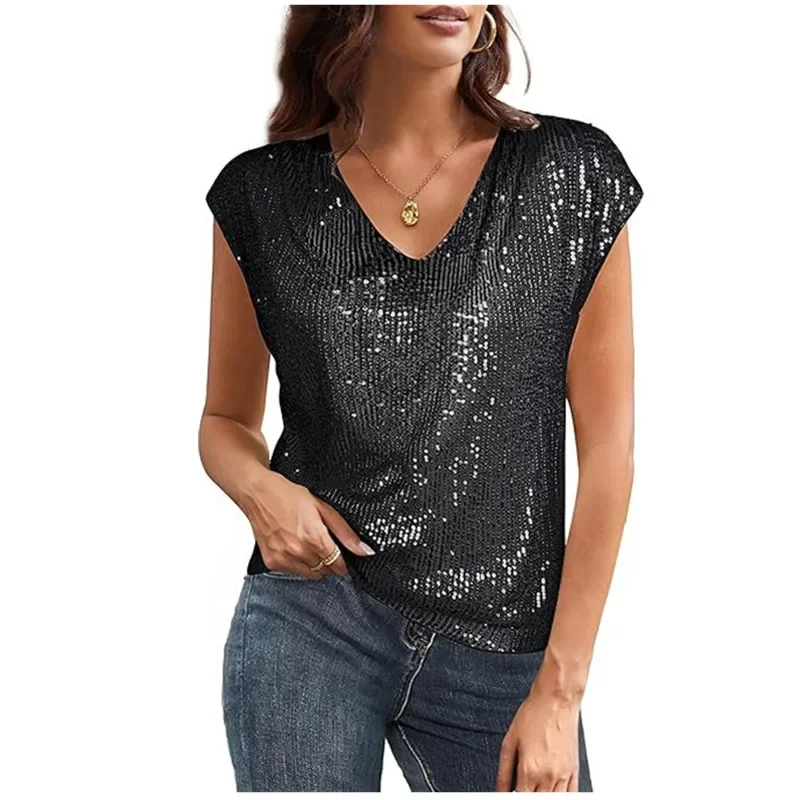 

2025 Spring Sequin Tops Evening Sexy Black Blouses Women Elegant Fashion Sleeveless Solid Party Shirts Summer Women Y2k Clothing