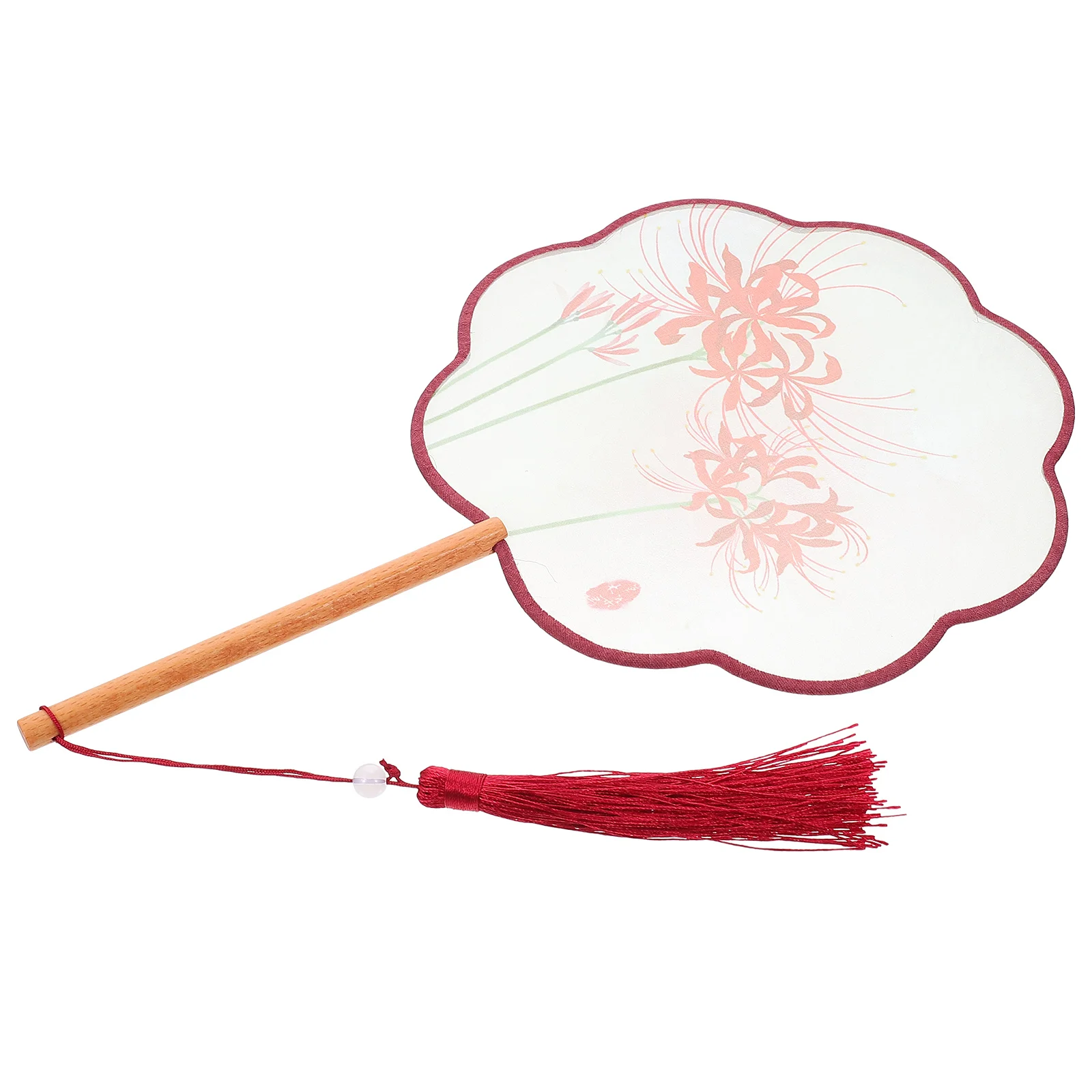 Silk Hand Fan Translucent Round Paddle Long Handle Tassel Circular Wood Women's