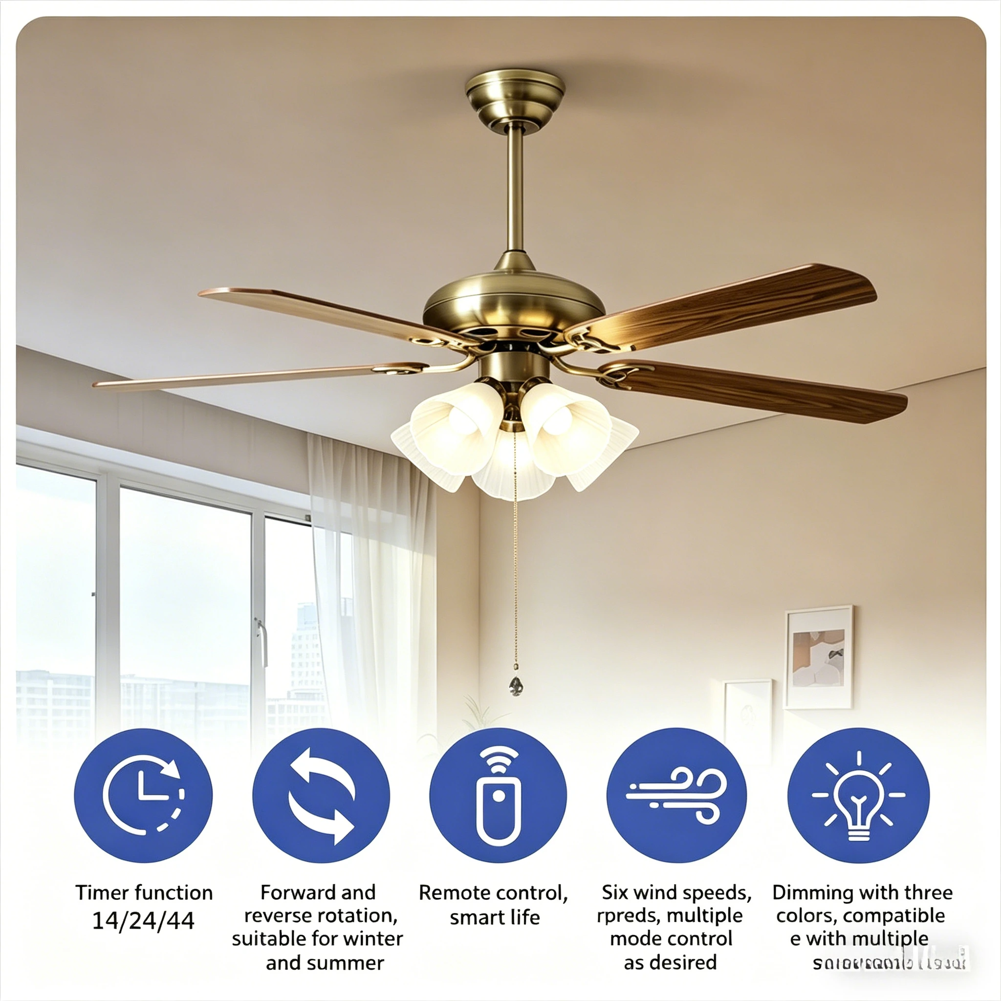 Retro Brass Ceiling Fan with Light 5 Wood Blades Pull Chain Chandelier Fan for Living Room Bedroom
