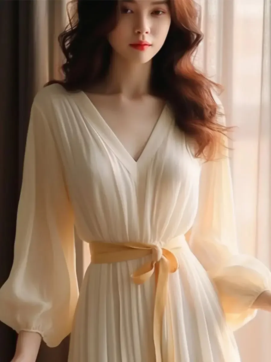 

French Spring Summer New High-End Elegant White Chiffon Dress