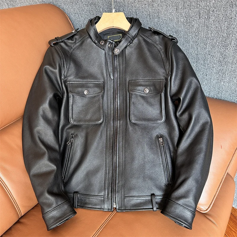 

Genuine Leather Biker Jaet Men's Slim Fit ort Casual Leather Coat Trendy Windproof Warm Zipper Closure Long Sve ort ...