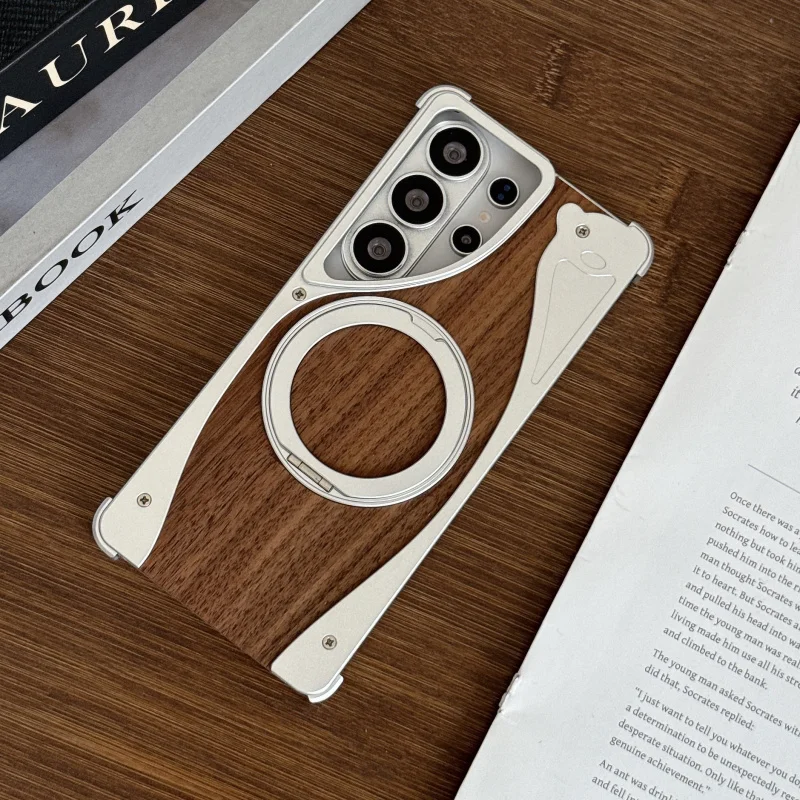 Luxury Walnut Wood Metal Case For Samsung S26 Ultra Magnetic 360 Rotating Stand Shockproof Armor Frameless Cover
