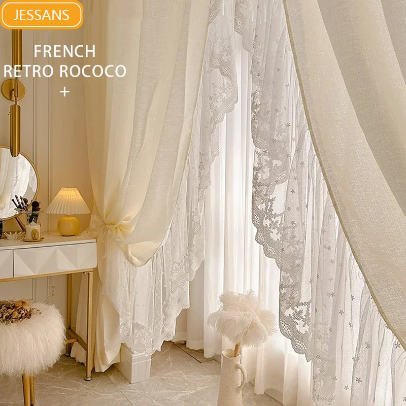 Cream Beige Chiffon Ruffles White Lace Embroidered Screen Window Curtains for Living Room Bedroom French Window Balcony Window