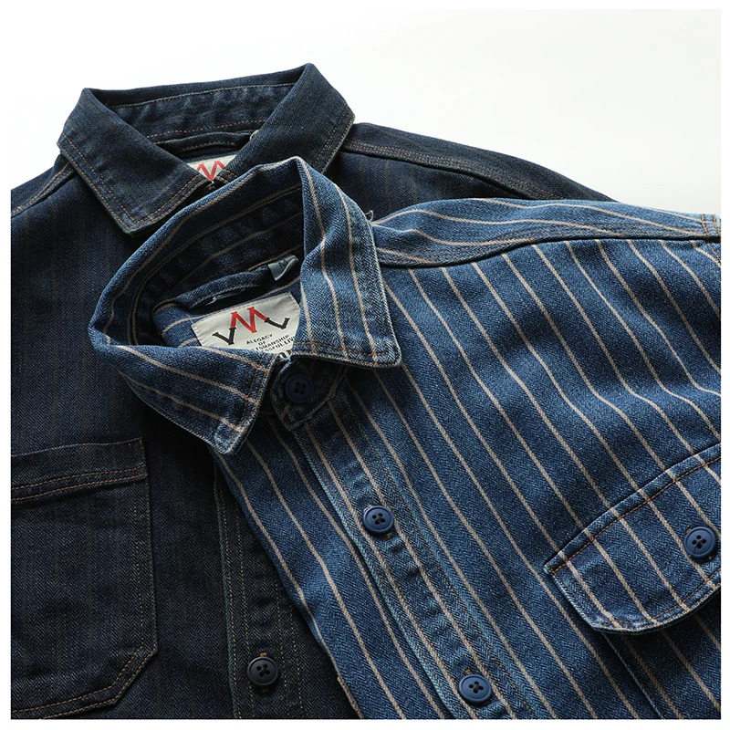 American vintage Cargo Pocket Denim Long sleeve Shirts Fashion Brand Heavy Stripe Amekaji Loose Casual Shirt