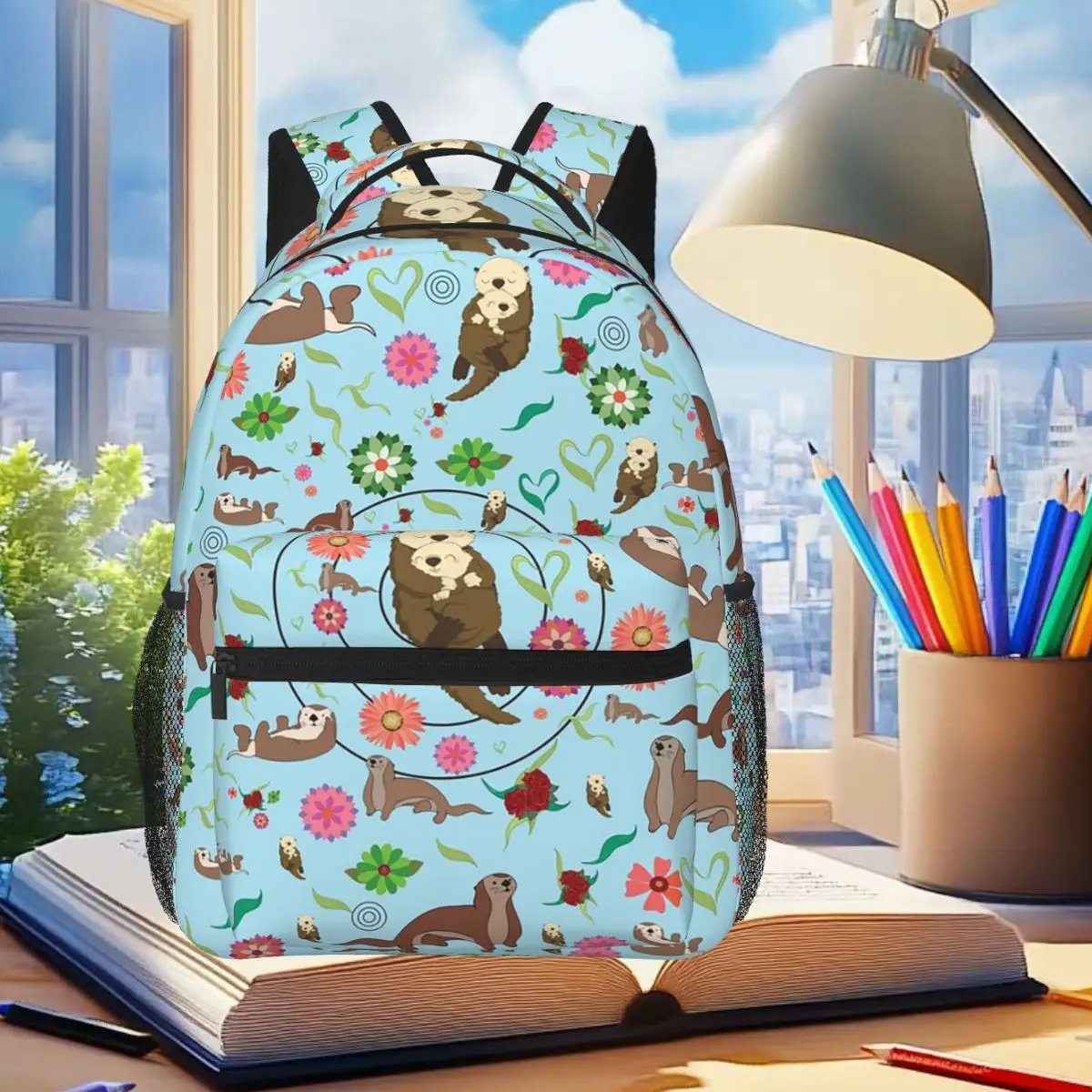 

Otters And Blossom Is In The Water Backpack Student Boys Girls BookBag Children School Bag Laptop Shoulder Bags for Men Women