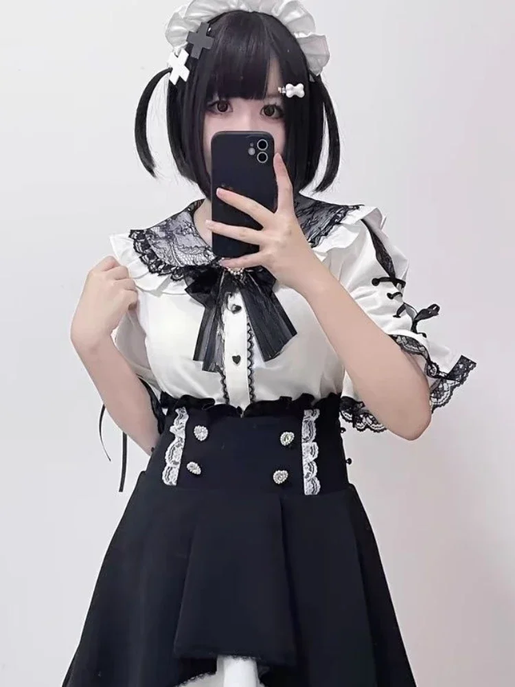 Japanese Kawaii Girl Lolita Flare Sleeve Shirt Y2k Aesthetic Summer Lace Patchwork Sweet Blouse Women Jk Bow Grunge Cute Tops