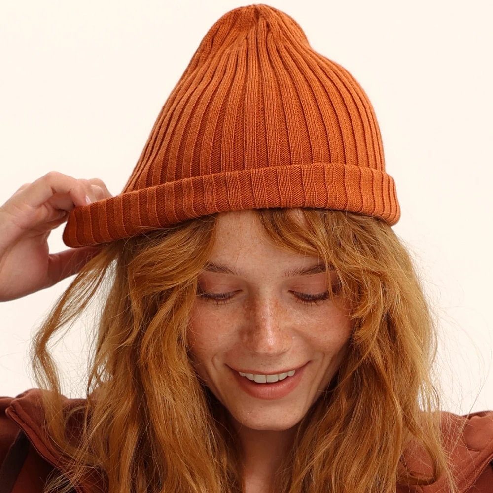 RU Pointed Top Knit Beanie Hat Vertical Ribbed Cuffed Brim Stretchy Soft Warm Slouchy Skull Cap For Daily Outdoor Street Wear
