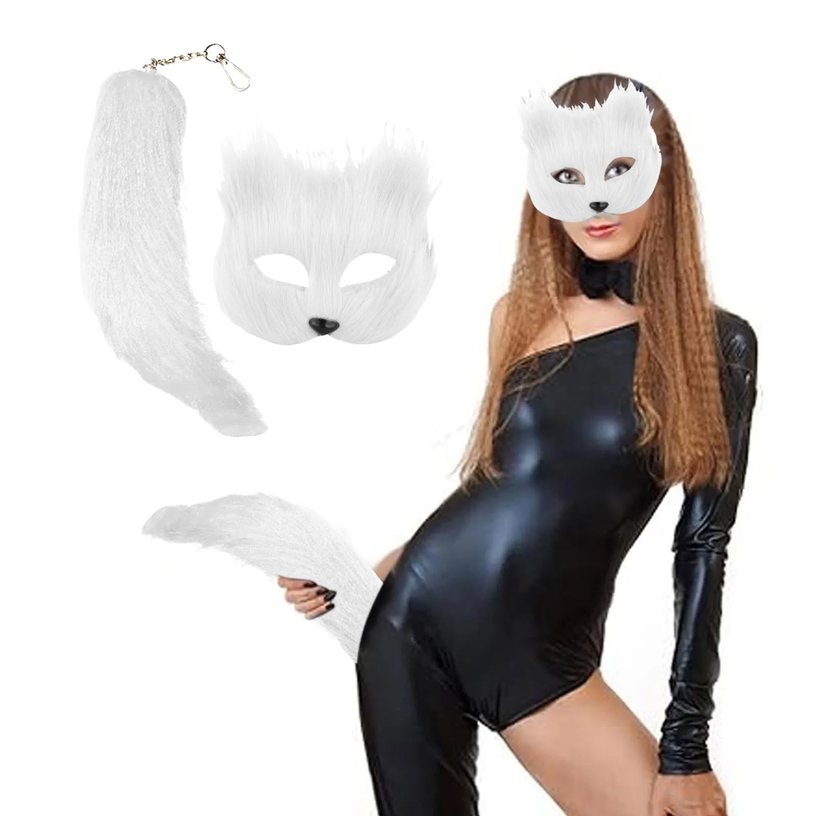 Masque et Queue de Renard à Fourrure, Demi-Visage, Accessoires de Costume de Cosplay d'Halloween, pour Chats