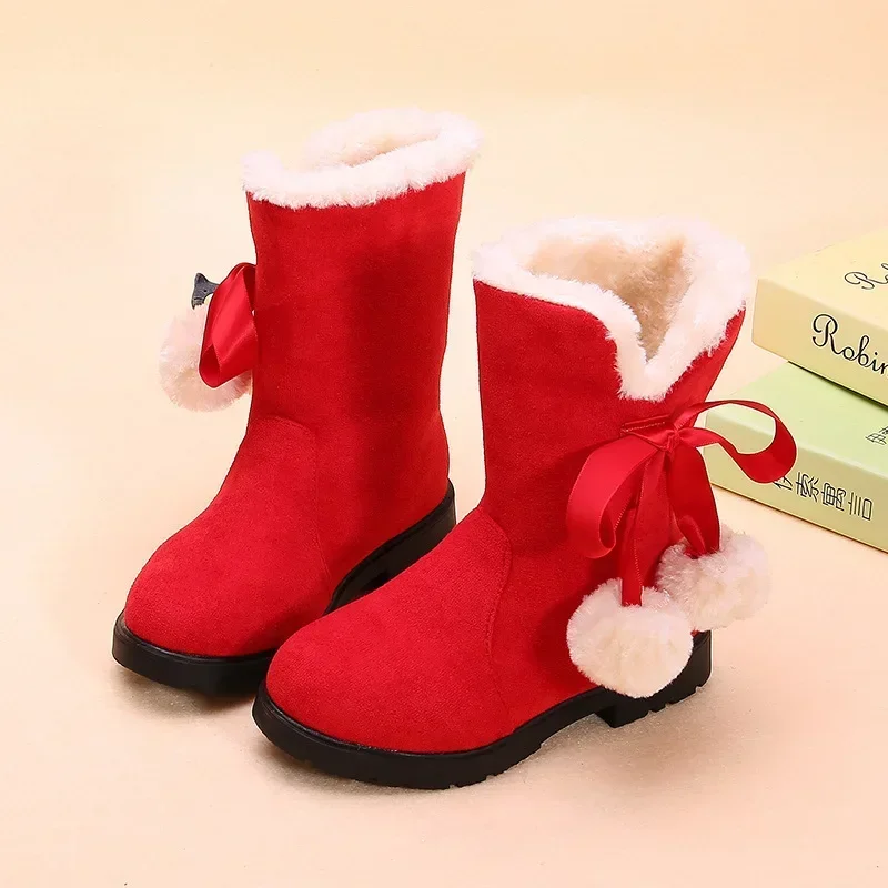 Children\'s Winter Boots for Girls Princess Medium Big Kids Snow Boots Warm Fur Bowtie with Hairball Cute Sweet Plush Suede Boots