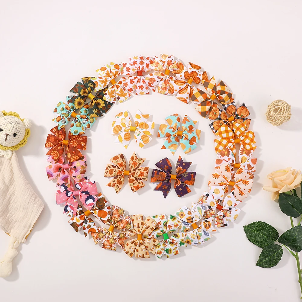 12/24Pcs Thanksgiving Day Bogen Haar Clip Set Für Kinder Mädchen Herbst Gedruckt Band Ahorn Blätter Kürbis Haarnadeln haar Zubehör – Detail 4