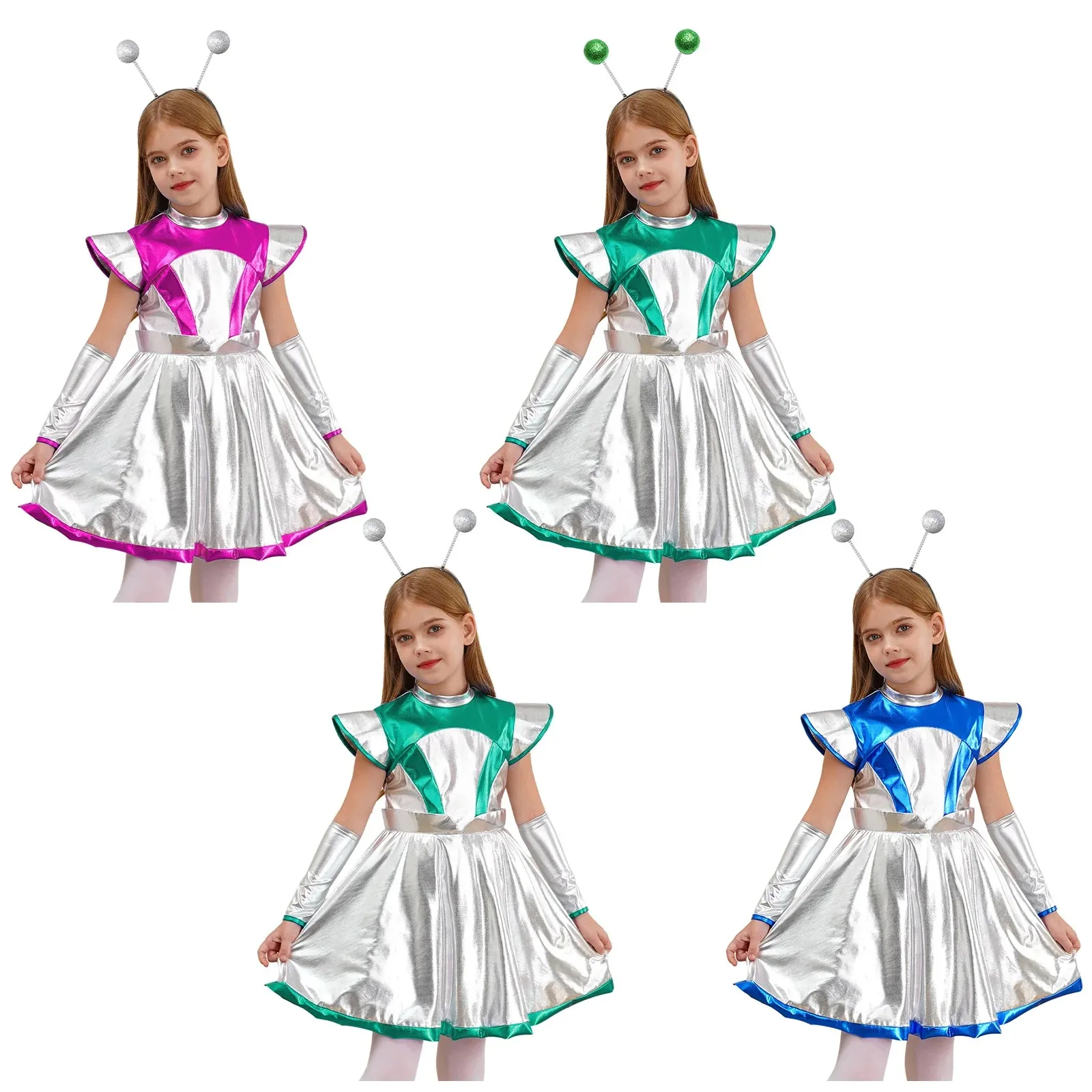 Kids Alien Costume for Girls Outer Space Man Astronaut Robot Cosplay Party Dress Up Metallic Cap Sleeve A Line Tutu Dress Outfit