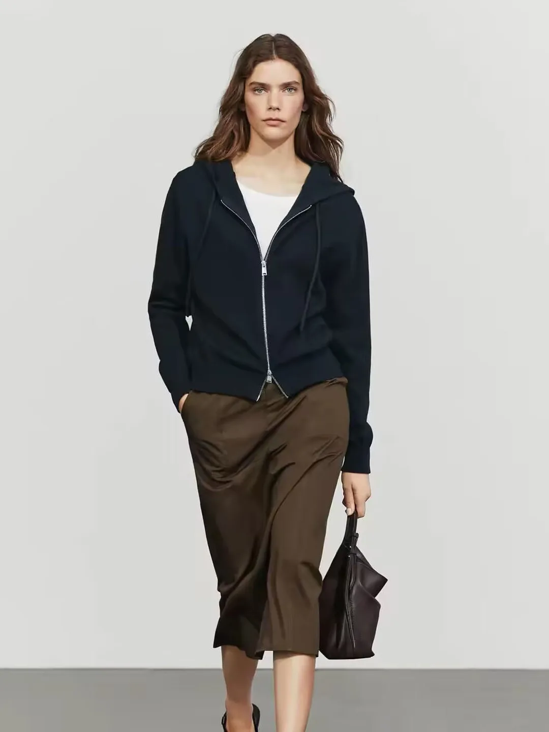 Casual Sea Blue Cotton Knitted Hooded Zipper Cardigan Coat for Women Early Autumn New Style MD Women's Fashion Pure Cotton
