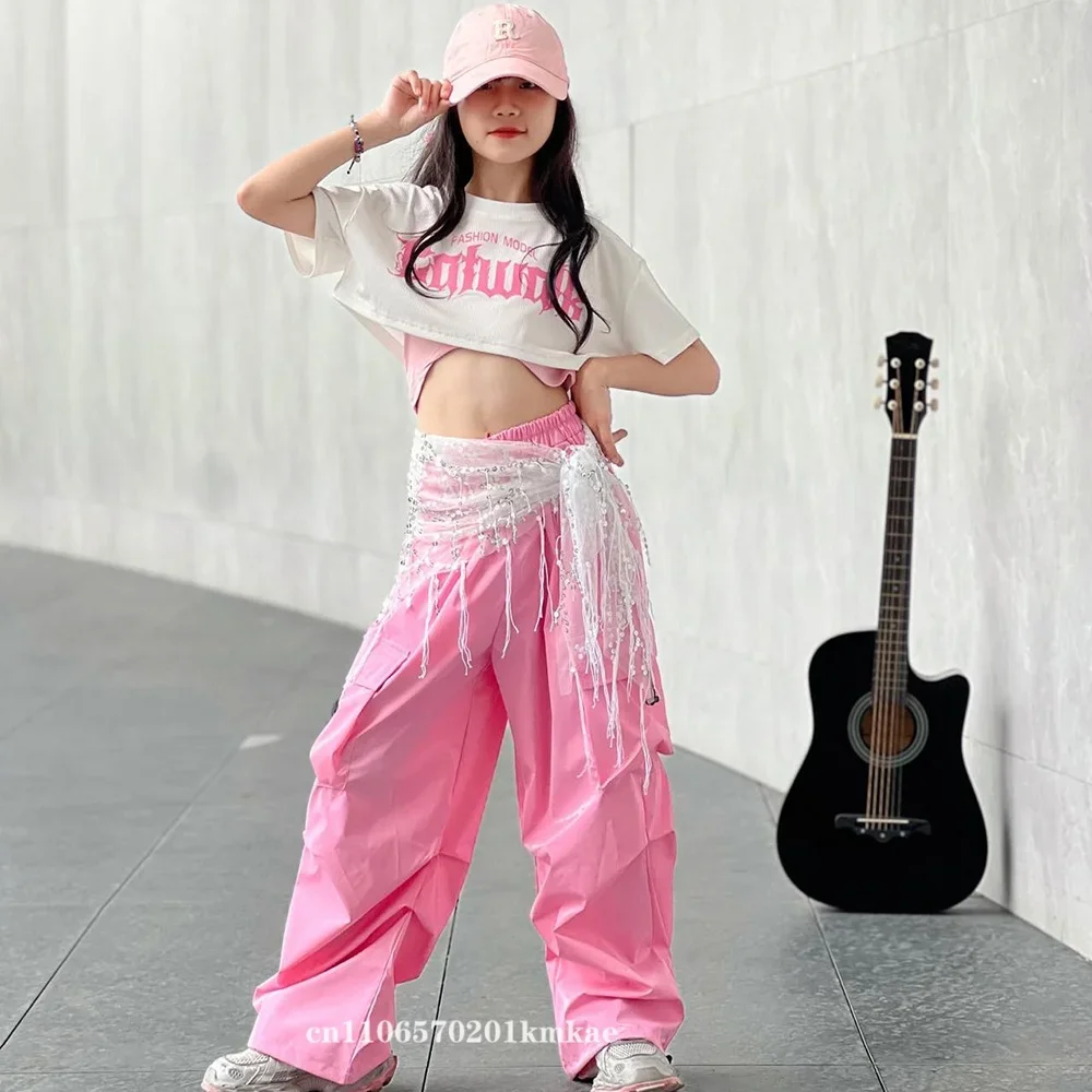 

Одежда для джазовых танцев для девочек, одежда в стиле K-pop, одежда для выступлений в стиле хип-хоп, розовые брюки, модные костюмы для детских уличных танцев, модные костюмы для шоу