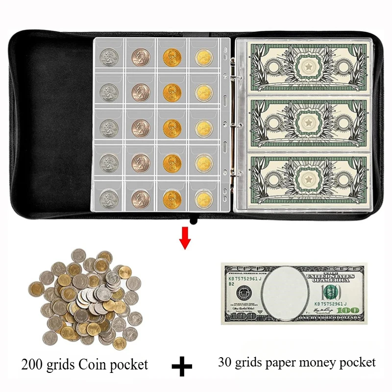 200 Compartment Coin Collection Book Portable PU Leather Zipper Hand-held Transparent Loose Leaf Paper Currency Storage Bag