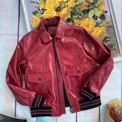 Handsome Waxed Cowhide Genuine Leather Jacket A2 Flight Suit Burgundy Retro Leather Jacket Lapel Zipper Heavy Jacket for Men Too Small