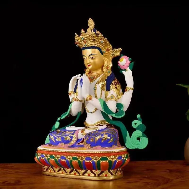 Nepal High grade Buddha statue HOME efficacious color Paint Four-armed Guan yin Bodhisattva Gold-plated  statue