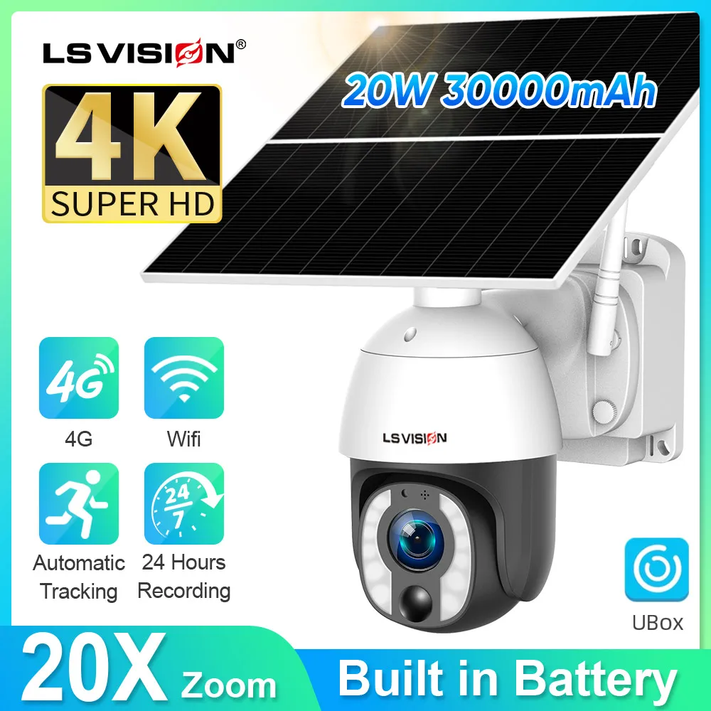 LS VISION 24-hours Video Solar Camera 4G 20X Zoom 20W Panel Outdoor Wifi Surveillance PTZ Camera ,Built-in 30000mAh Batteries