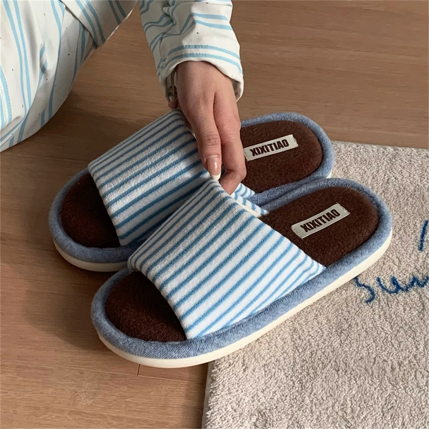 XIXITIAO Creative Color-Blocking Striped Couple Cotton Slippers Bedroom Four Seasons Japanese Style Hemp Floor Shoes Men Women