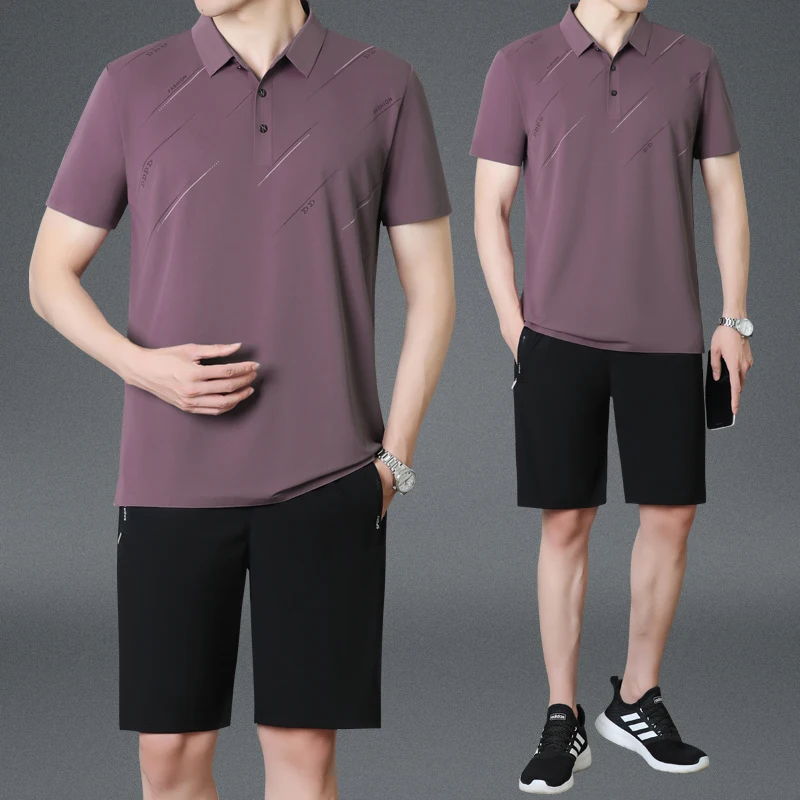 

Ice Silk ort Sve T-irt Set for Middle-Aged Men Summer Faion Dad Clothes Father's Day Special Busin Casual Wear