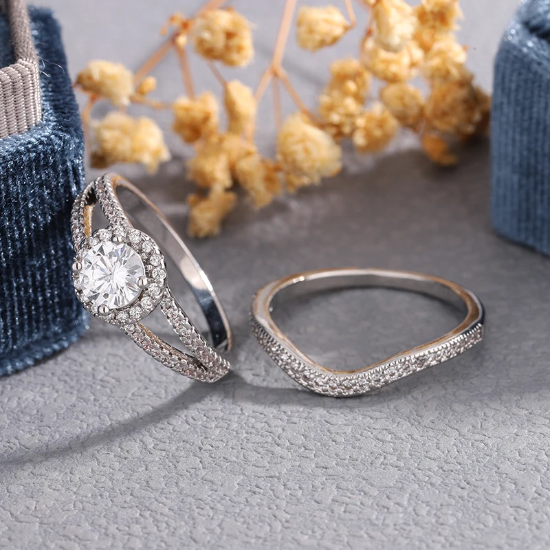 

Shiny Round Crystal Zircon Sets Ring Women Bridal Wedding Jewelry Korean Exquisite 925 Plated Ring Fashion Jewelry