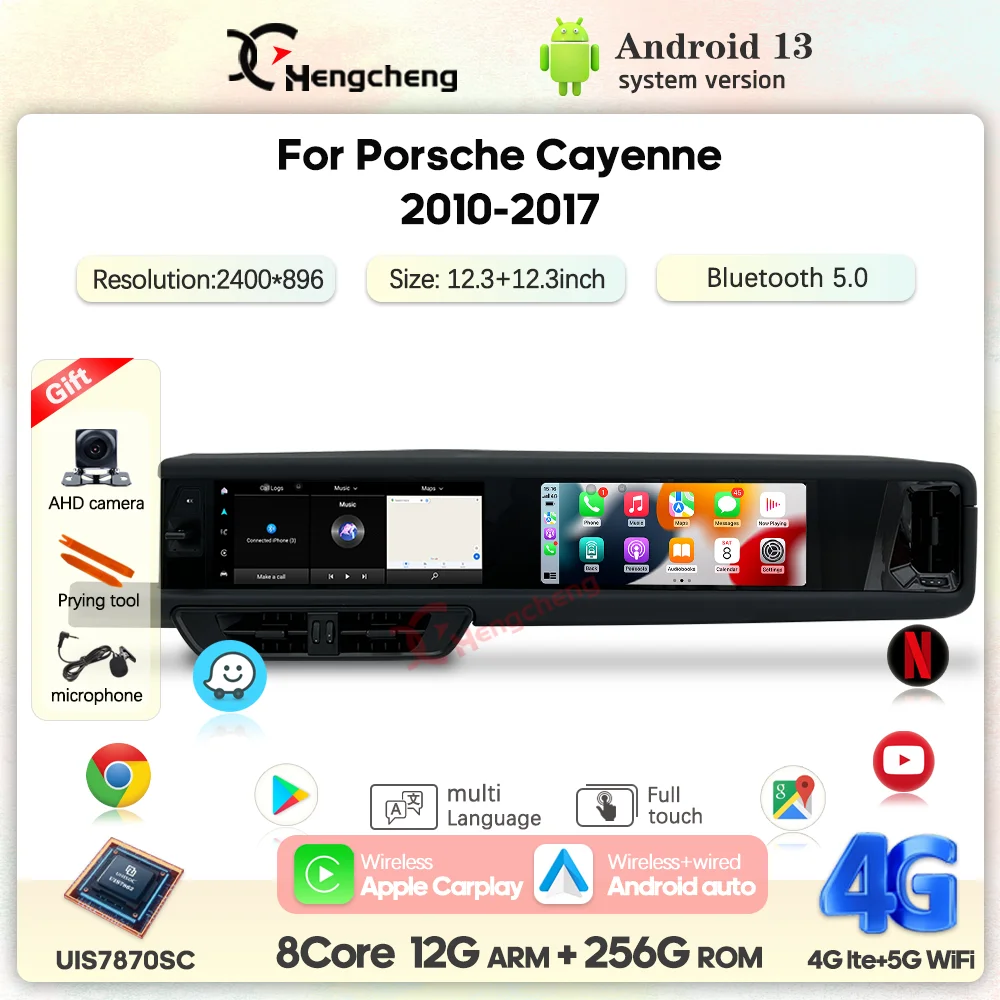12,3-дюймовый двойной экран Android13 для Porsche Cayenne 2010-2017, автомобильный мультимедийный видеоплеер, GPS-навигация, радио Carplay 4G WiFi 360