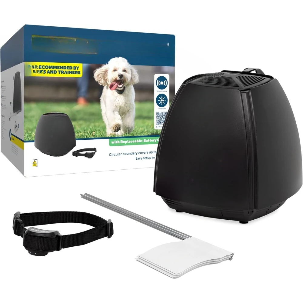 Wireless Pet Fence & Replaceable Battery Collar - Circular Boundary Secures Up To 3/4 Acre Yard, No-Dig