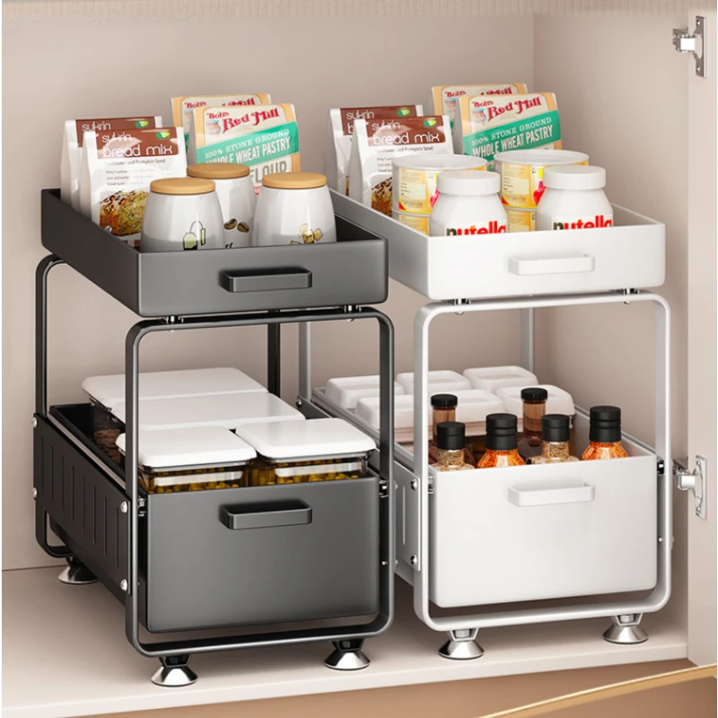 

Under-Sink Layered Storage Rack Pull-Out Spice Jar Holder Dual-Layer Carbon Steel Cabinet Basket Convenient Access Organizer