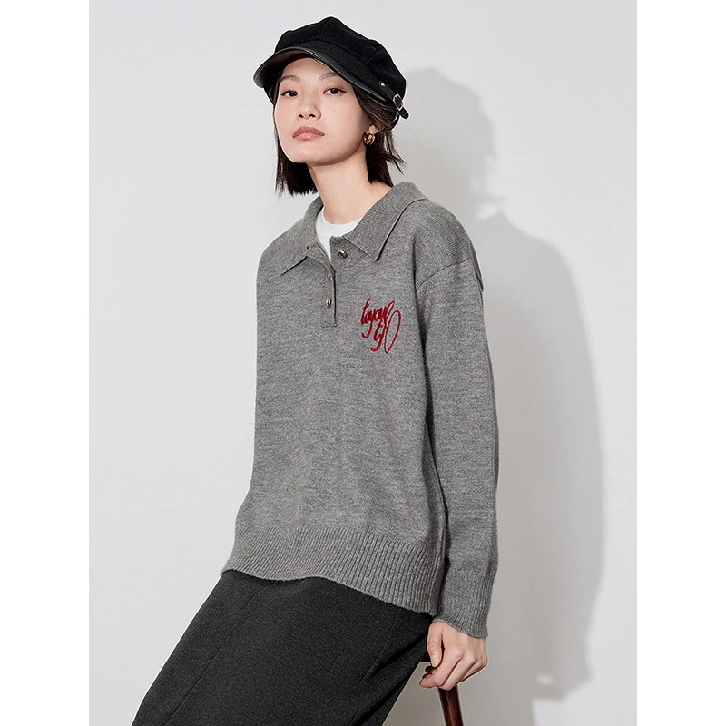 TOYOUTH Women Knitted Sweater 2024 Autumn Winter New Letter Embroidered POLO Collar Long Sleeve Pullover Sweater Grey Tops