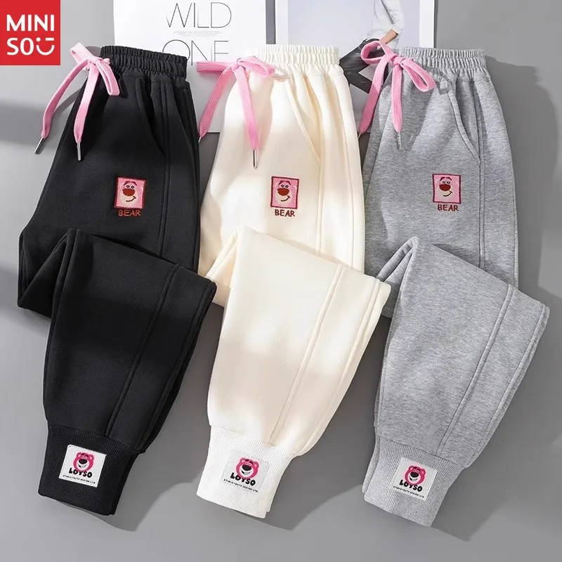 

Miniso Girls' Bear Print Joggers | Snug & Cute Fleece-Lined Pants for Kids & Teens, Casual Wear