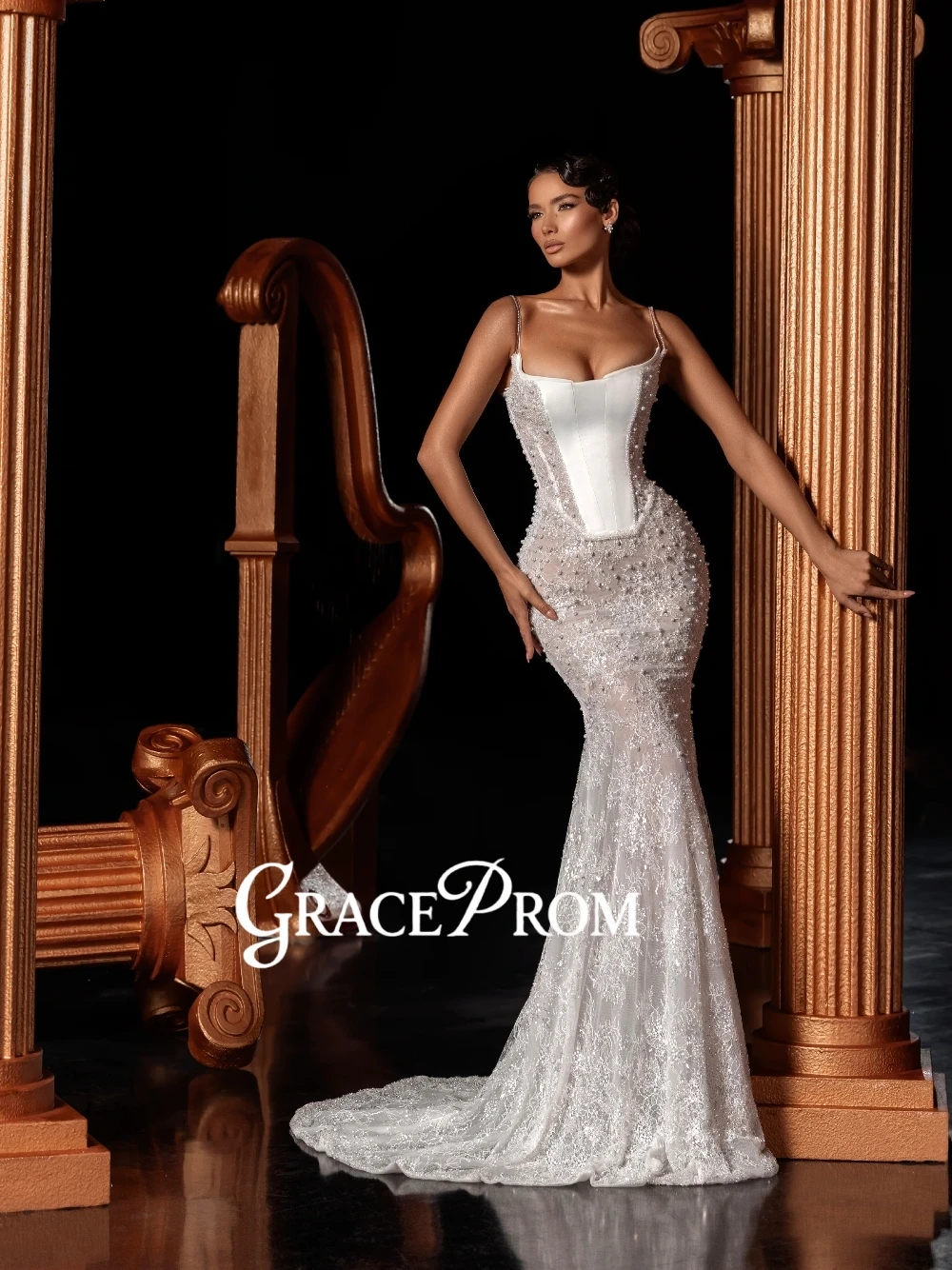 

2026 Elegant Spaghetti Straps Corset Mermaid Wedding Dress Shiny Lace Pearls Stunning Bridal Gown Customized For Modern Brides