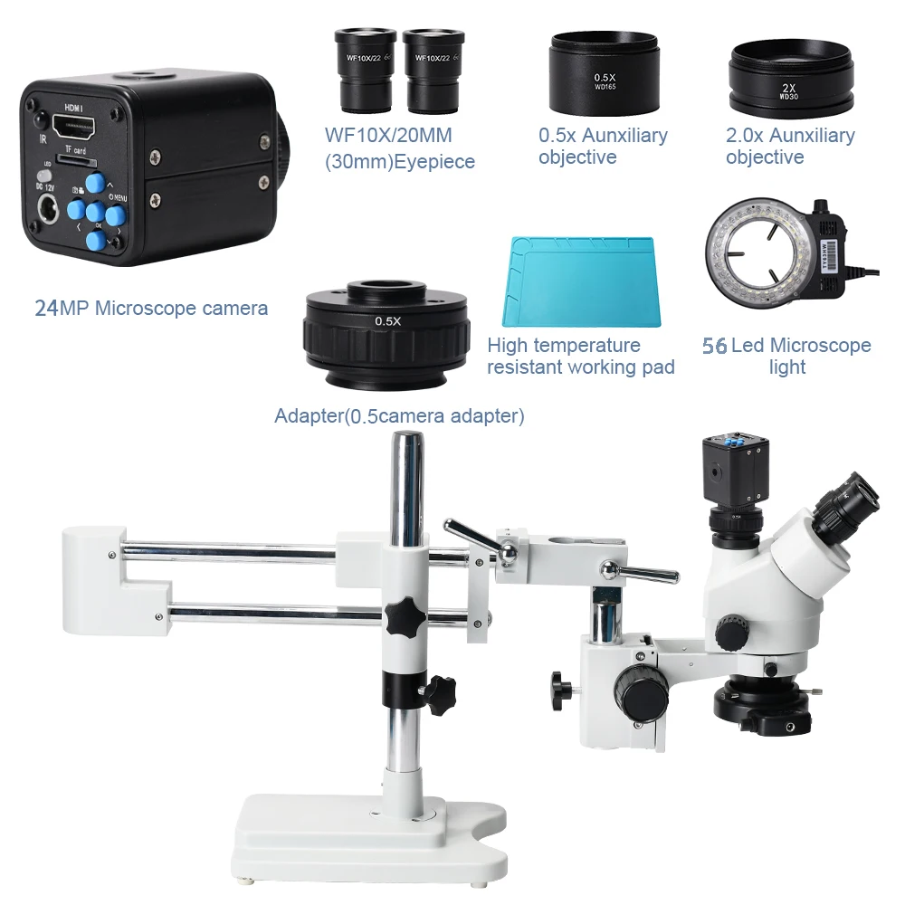 3.5X 90X  Simul-Focal Double Boom Stand Trinocular Stereo Zoom Microscope 24MP 4K HD-MI Camera phone repair Microscopie