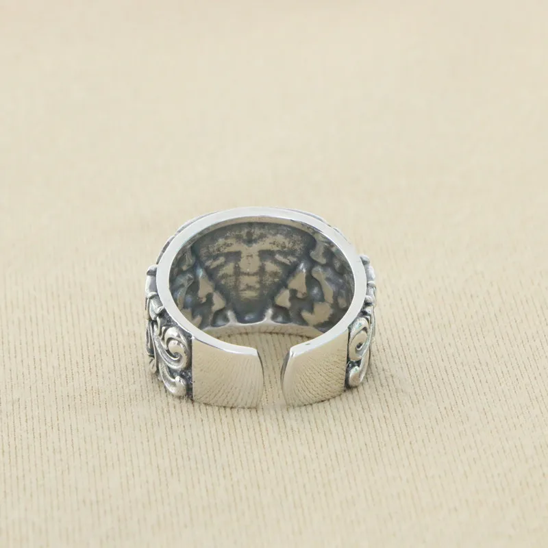 Handsome Punk Opening 925 Silver Tang Grass Pattern Retro Ring for Men and Women, Classic French Boys, Index Finger Ring