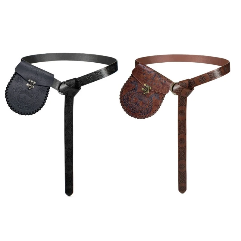 Q39C Role Play Waist Bag Belt with Embossed Leather Look and Loop Tie Design for Medieval Stage Styling