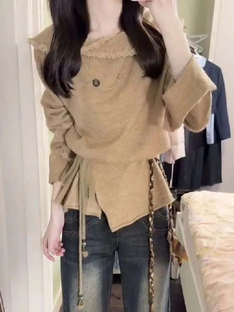 

Korean Sle Lazy Turn-down Collar Frayed Knitwear Women's Autumn Dstring Waist Design Sensation Versatile High-end Feelin...